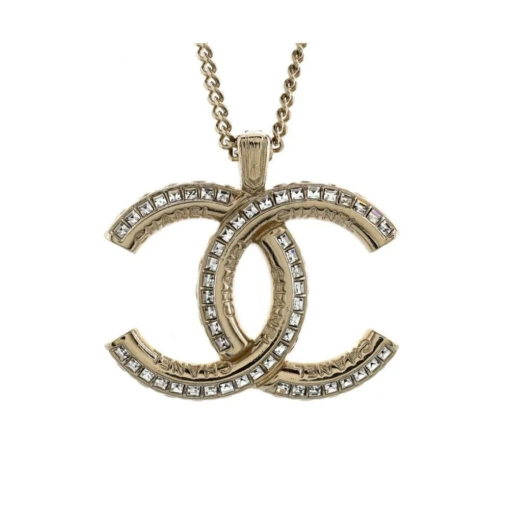 CHANEL Multi Logo Engraved Gold Crystal CC Pendant Necklace